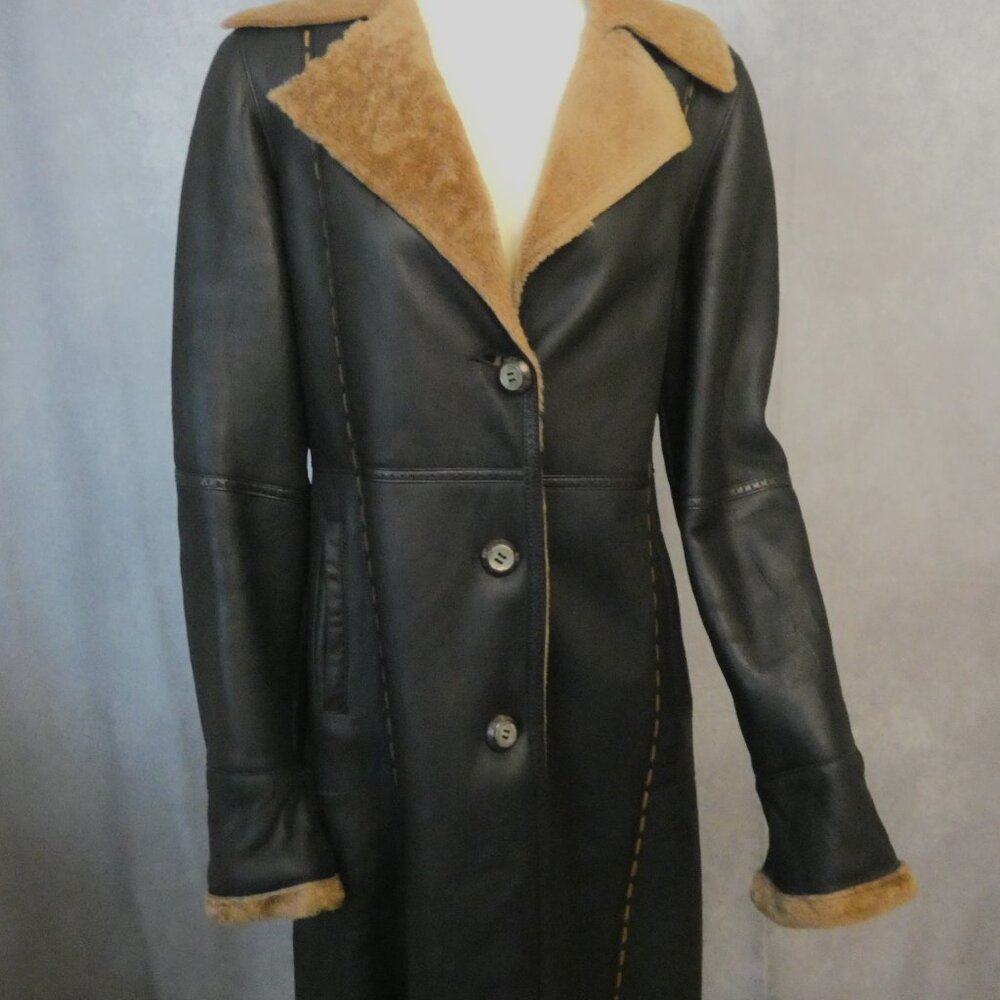 Vintage Black Leather Feraud Paris Trench Coat with Tan Sheepskin lining